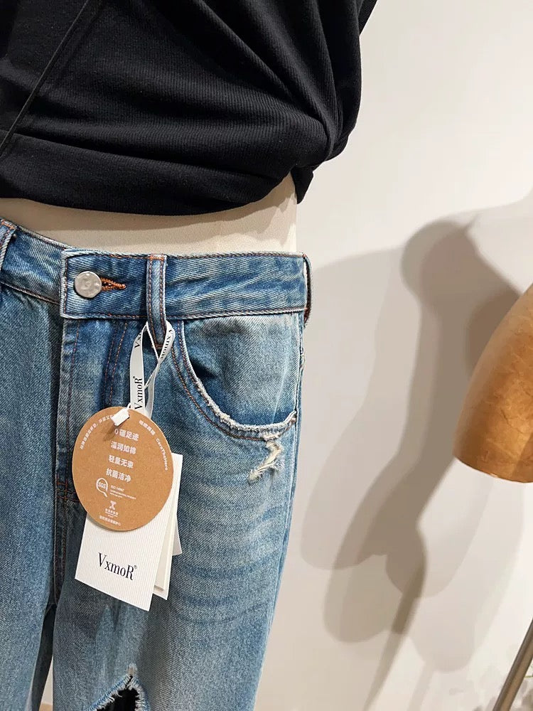 Ripped Wide-Leg Jeans for Women, Spring/Summer, Korean Style, Loose Fit, Slimming Straight Leg, Floor-Length Pants