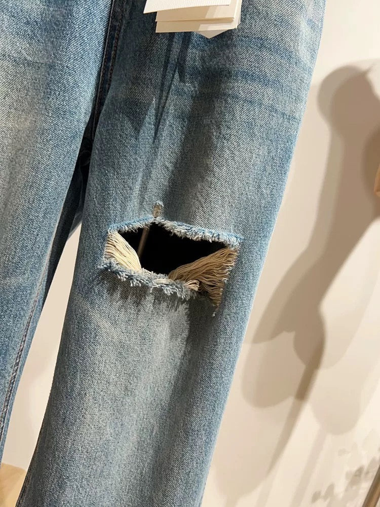 Ripped Wide-Leg Jeans for Women, Spring/Summer, Korean Style, Loose Fit, Slimming Straight Leg, Floor-Length Pants