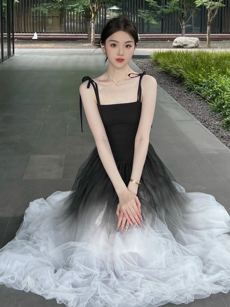French Hepburn style black gradient mesh dress for women summer new st –  Lee Nhi Boutique