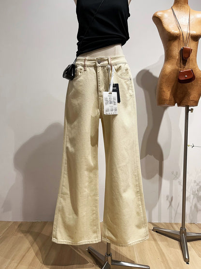 Casual high-waisted wide-leg jeans for women, loose fit, slimming, creamy yellow straight leg pants for spring and autumn.