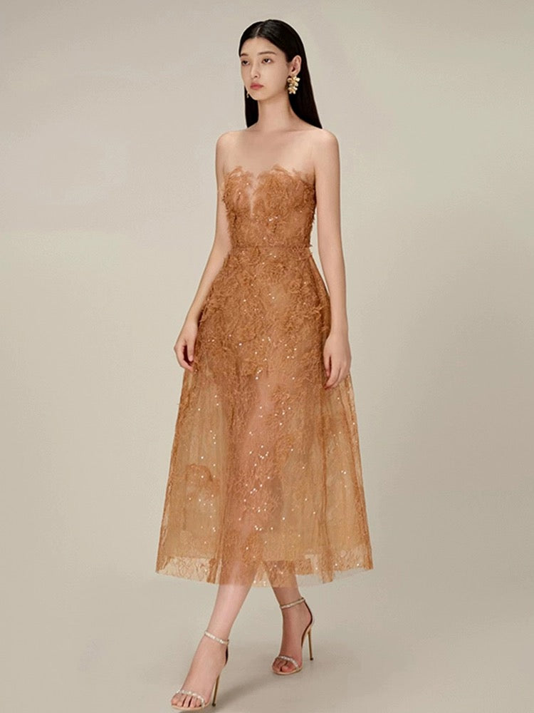 French Hepburn style heavy industry three-dimensional flower tube top dress for women summer design light luxury temperament small dress for women