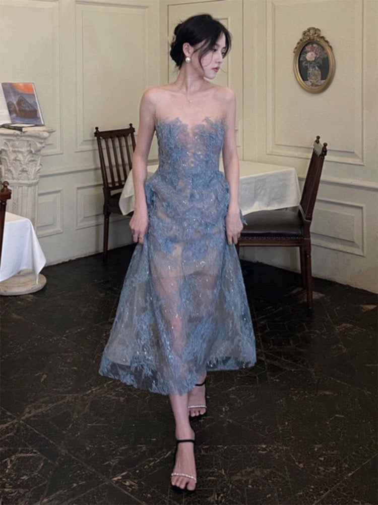 French Hepburn style heavy industry three-dimensional flower tube top dress for women summer design light luxury temperament small dress for women
