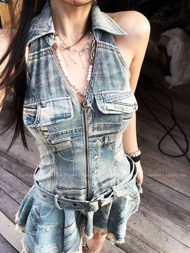 FunnJ Square California Denim Punk Waist Halter Denim Dress Women's Old Retro Slim Skirt