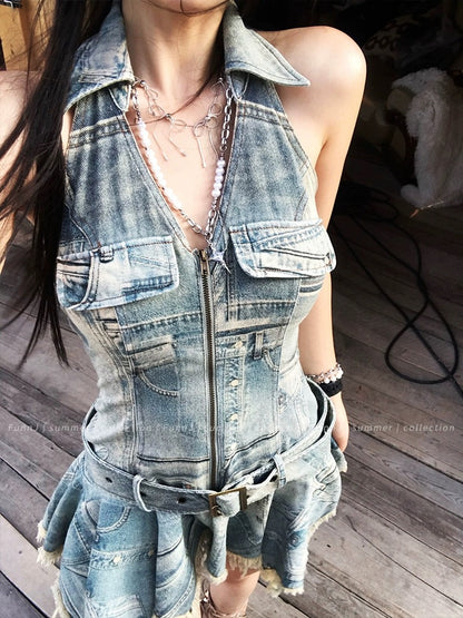 FunnJ Square California Denim Punk Waist Halter Denim Dress Women's Old Retro Slim Skirt