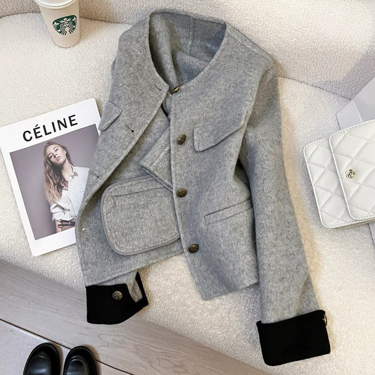 Light gray short double-faced cashmere wool coat for women 2025 new autumn and winter small high-end wool coat