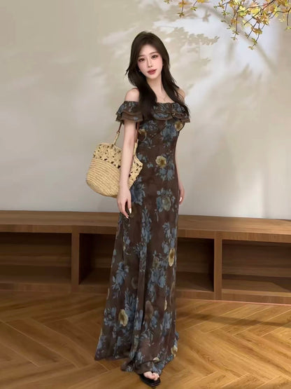 Youyan New French-Style "Maillard" Floral Off-Shoulder Maxi Dress with Waist-Cinching Detail (DT2302)
