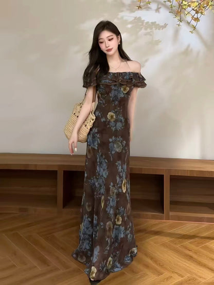 Youyan New French-Style "Maillard" Floral Off-Shoulder Maxi Dress with Waist-Cinching Detail (DT2302)