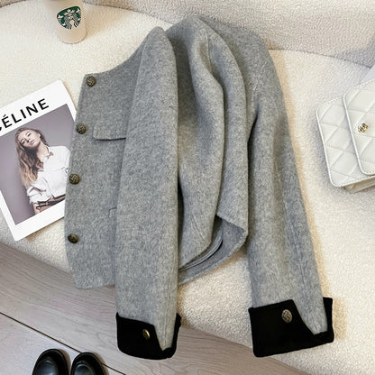 Light gray short double-faced cashmere wool coat for women 2025 new autumn and winter small high-end wool coat