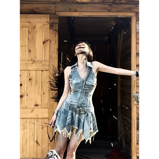 FunnJ Square California Denim Punk Waist Halter Denim Dress Women's Old Retro Slim Skirt