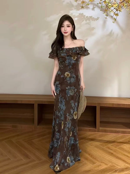 Youyan New French-Style "Maillard" Floral Off-Shoulder Maxi Dress with Waist-Cinching Detail (DT2302)
