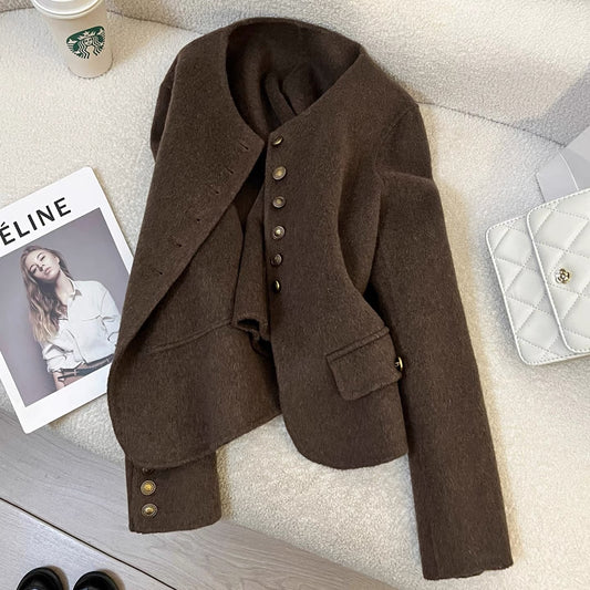 Brown high-grade cashmere double-faced wool coat for women 2025 autumn and winter new style for small people, versatile and elegant short tops