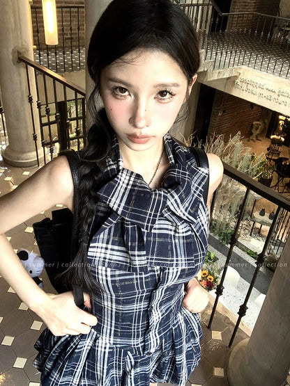 FunnJ Square Ji Yale Girl Design Retro Waistless Sleeveless Plaid Dress Women's Slim A-Line Skirt