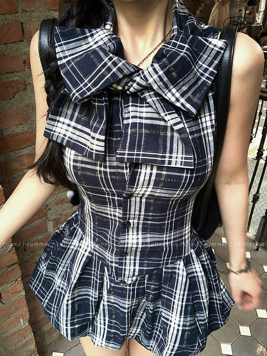 FunnJ Square Ji Yale Girl Design Retro Waistless Sleeveless Plaid Dress Women's Slim A-Line Skirt
