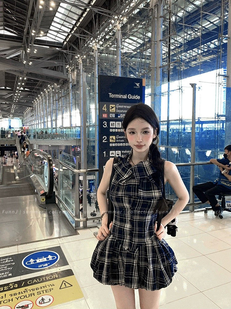 FunnJ Square Ji Yale Girl Design Retro Waistless Sleeveless Plaid Dress Women's Slim A-Line Skirt