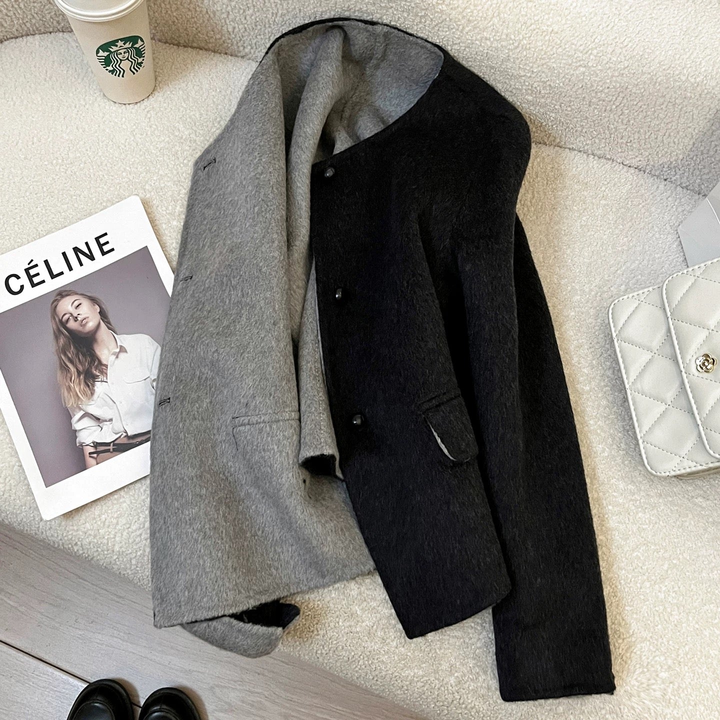 Black and gray short wool double-faced wool coat for women autumn and winter 2025 new small Korean design coat