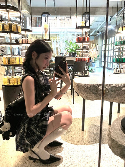 FunnJ Square Ji Yale Girl Design Retro Waistless Sleeveless Plaid Dress Women's Slim A-Line Skirt