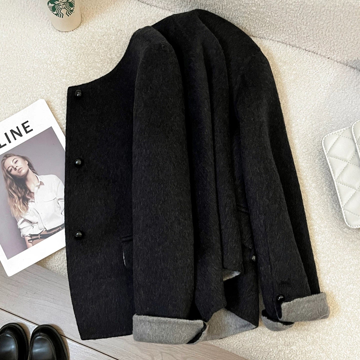 Black and gray short wool double-faced wool coat for women autumn and winter 2025 new small Korean design coat