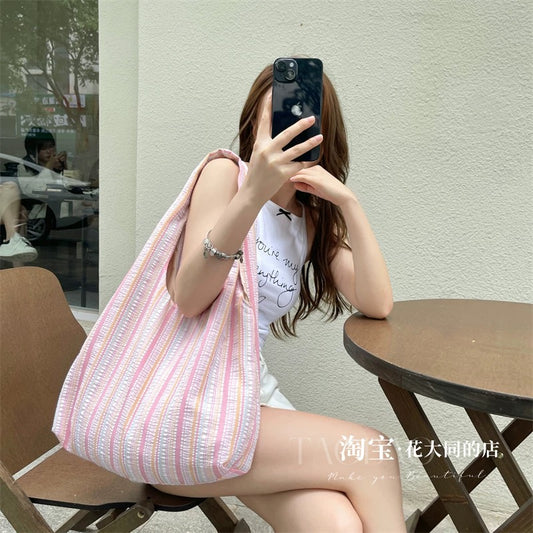 Summer new simple striped school bag Korean style girl lightweight large capacity portable shoulder bag college student commuting