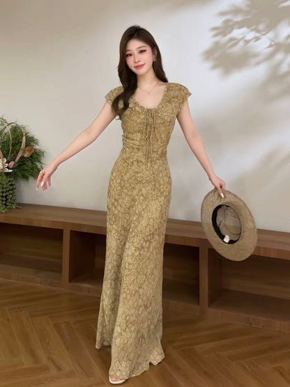 Youyan New Summer Floral Maxi Dress – Slim-Fit, Waist-Cinched Style with Neck-Tie Detail (DT2503)