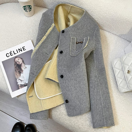 Gray double-faced cashmere coat women's short 2025 autumn and winter new small design temperament wool coat