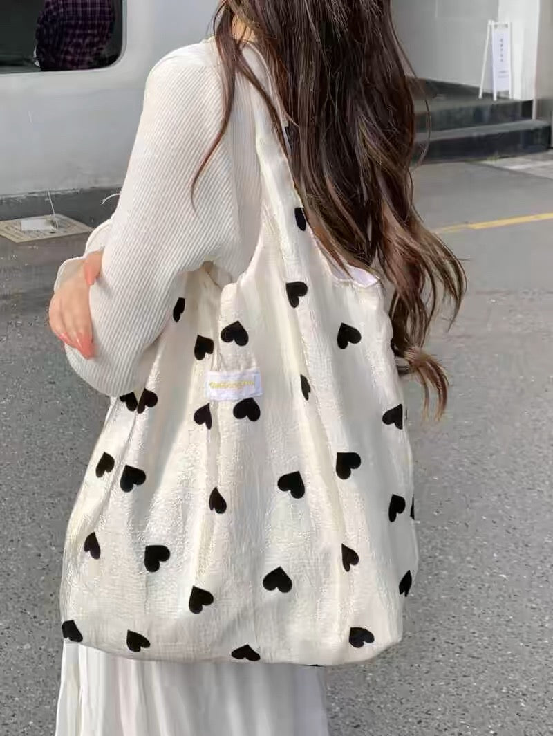 Korean summer niche design sweet girl pearlescent shopping bag French love college student class tote bag open pocket