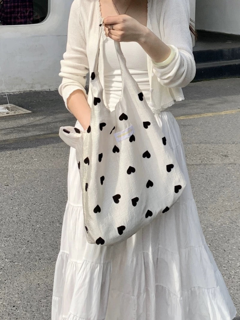 Korean summer niche design sweet girl pearlescent shopping bag French love college student class tote bag open pocket