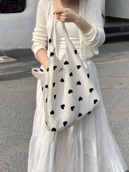 Korean summer niche design sweet girl pearlescent shopping bag French love college student class tote bag open pocket