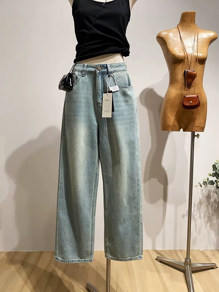 Women's denim dad jeans, slimming, hip-covering, retro high-waisted wide-leg trousers for spring and autumn.