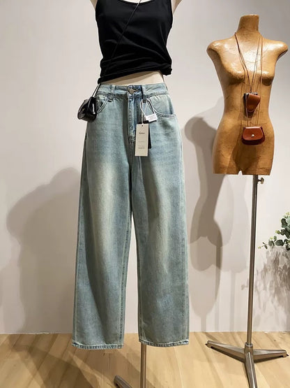 Women's denim dad jeans, slimming, hip-covering, retro high-waisted wide-leg trousers for spring and autumn.