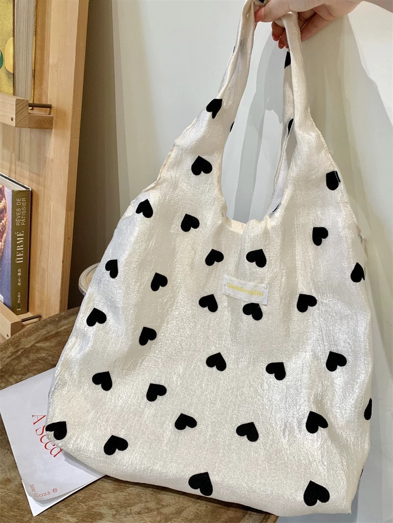 Korean summer niche design sweet girl pearlescent shopping bag French love college student class tote bag open pocket