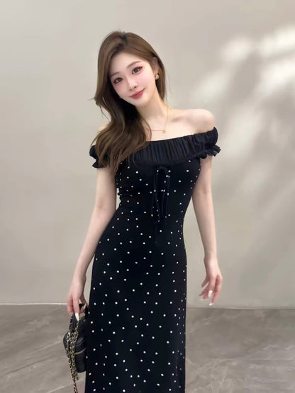 Youyan Summer New French-Style Off-Shoulder Polka-Dot Dress – Hepburn-Inspired, Waist-Cinching, Slimming, and Elegant (DT2365)