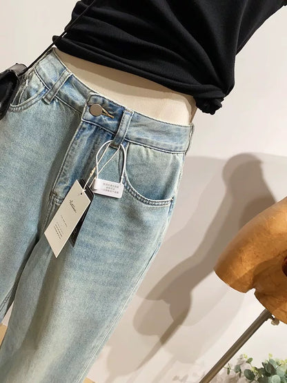 Women's denim dad jeans, slimming, hip-covering, retro high-waisted wide-leg trousers for spring and autumn.