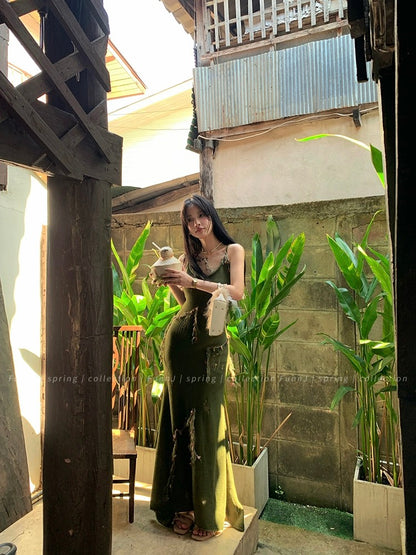 FunnJ square table◆Fatal Woman Retro Waist Mid-Length Green Knitted Dress Female Hip-covering Suspender Skirt