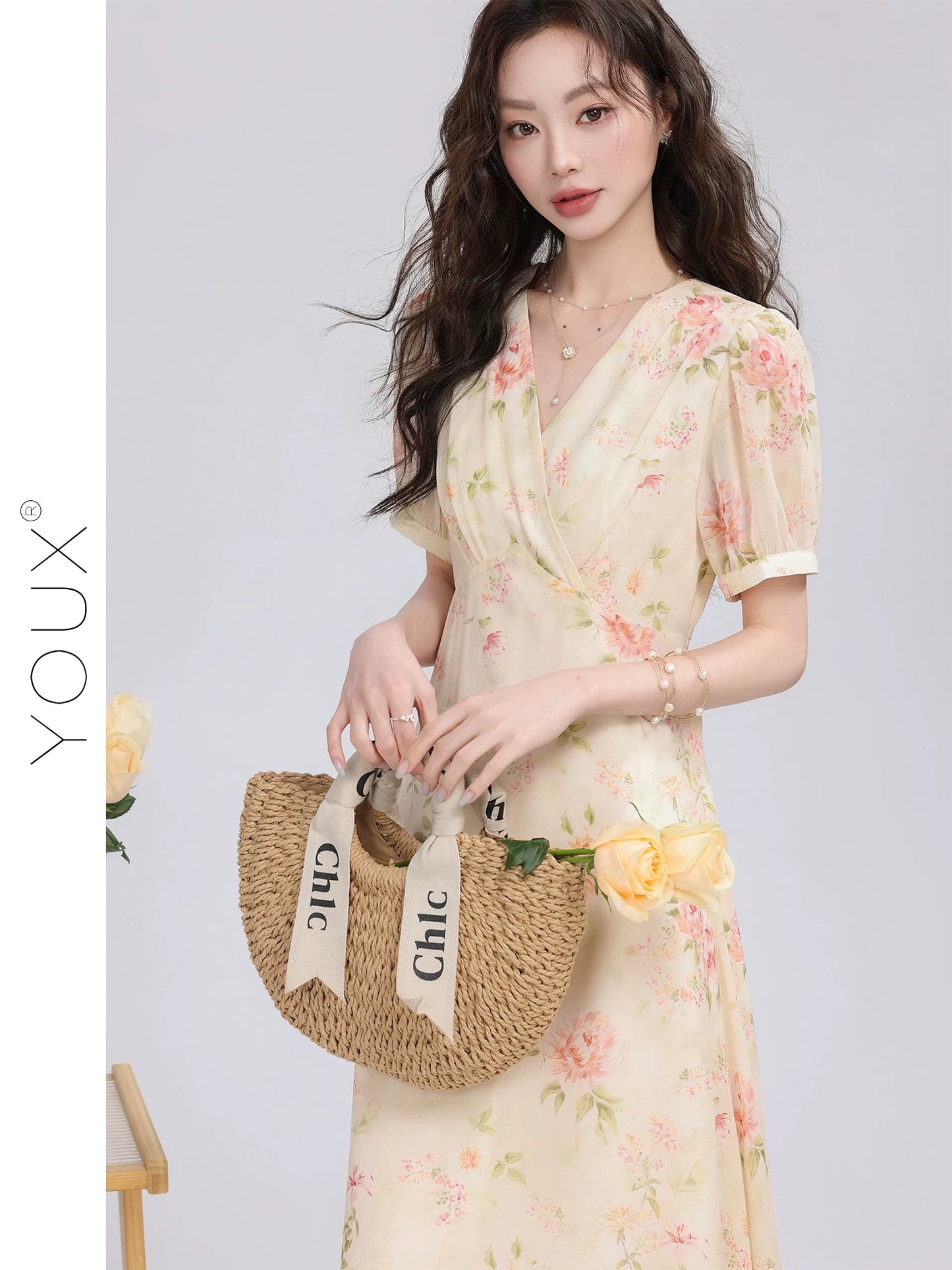 Youxiang [Whispering Apricot Blossom] Temperamental floral dress for women 2025 summer new style gentle high waist slim long dress