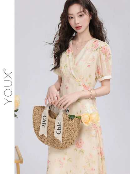 Youxiang [Whispering Apricot Blossom] Temperamental floral dress for women 2025 summer new style gentle high waist slim long dress