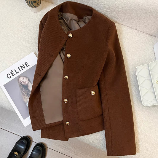 Dark brown short woolen suit jacket for women 2025 new autumn and winter Korean style temperament lady high-end top