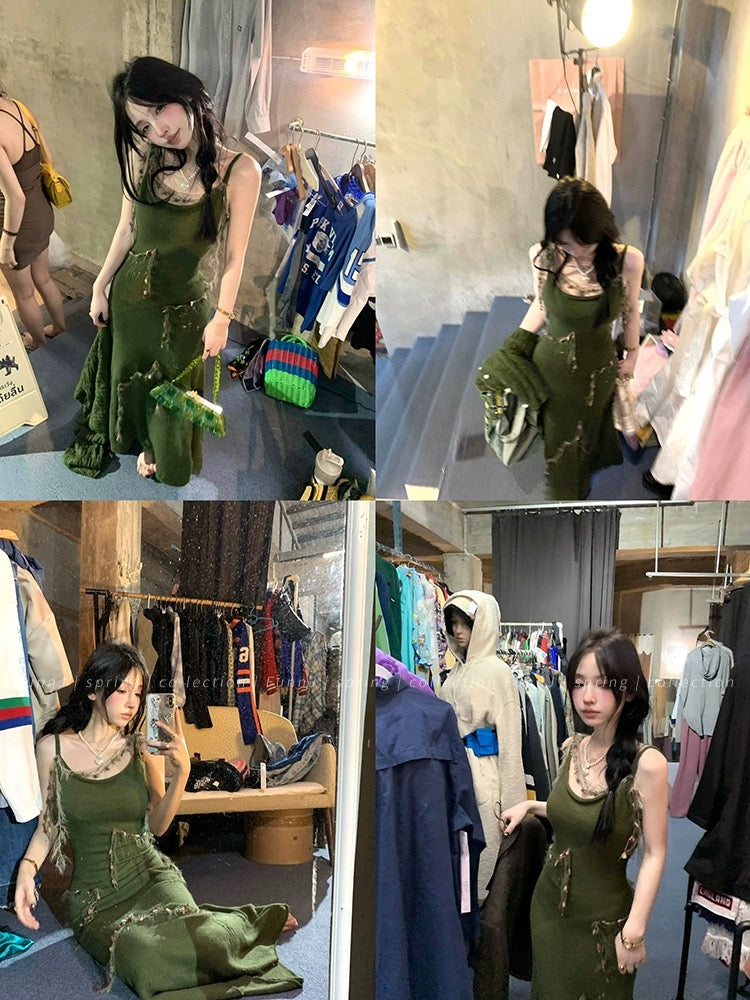 FunnJ square table◆Fatal Woman Retro Waist Mid-Length Green Knitted Dress Female Hip-covering Suspender Skirt