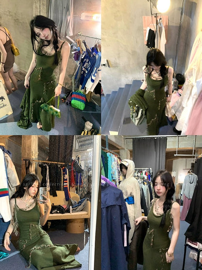 FunnJ square table◆Fatal Woman Retro Waist Mid-Length Green Knitted Dress Female Hip-covering Suspender Skirt
