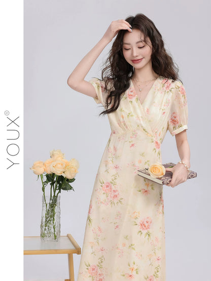 Youxiang [Whispering Apricot Blossom] Temperamental floral dress for women 2025 summer new style gentle high waist slim long dress