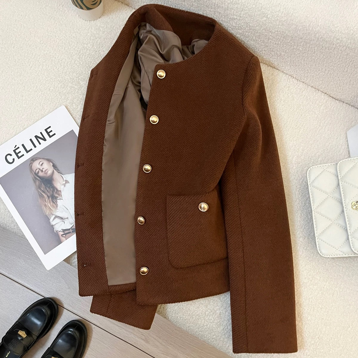 Dark brown short woolen suit jacket for women 2025 new autumn and winter Korean style temperament lady high-end top