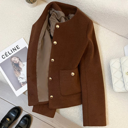 Dark brown short woolen suit jacket for women 2025 new autumn and winter Korean style temperament lady high-end top