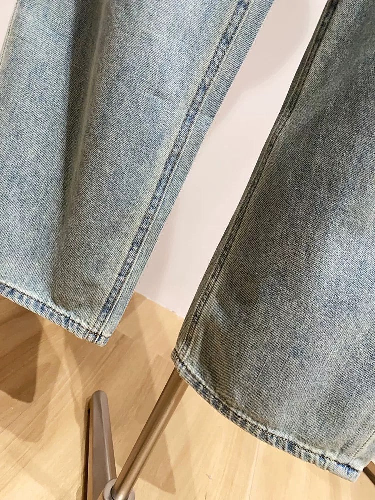 Women's denim dad jeans, slimming, hip-covering, retro high-waisted wide-leg trousers for spring and autumn.