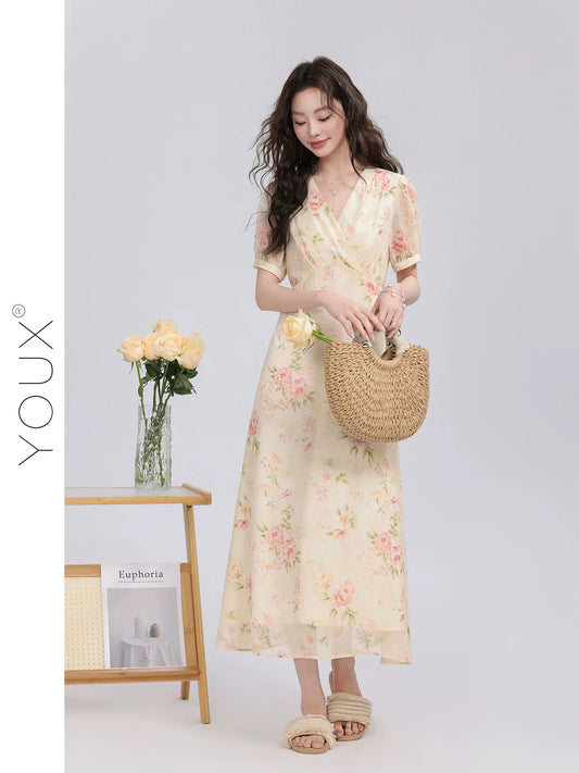 Youxiang [Whispering Apricot Blossom] Temperamental floral dress for women 2025 summer new style gentle high waist slim long dress