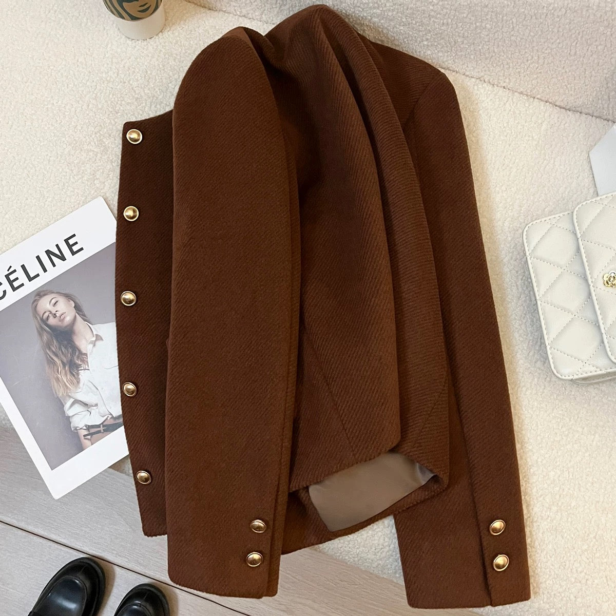 Dark brown short woolen suit jacket for women 2025 new autumn and winter Korean style temperament lady high-end top