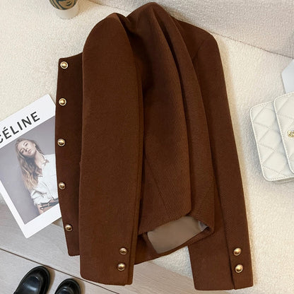 Dark brown short woolen suit jacket for women 2025 new autumn and winter Korean style temperament lady high-end top