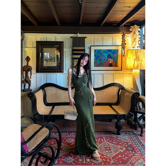 FunnJ square table◆Fatal Woman Retro Waist Mid-Length Green Knitted Dress Female Hip-covering Suspender Skirt