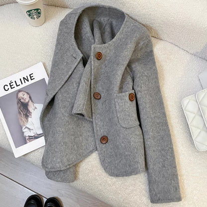 High-grade grey short double-faced cashmere coat for women 2025 autumn and winter new small Korean woolen coat