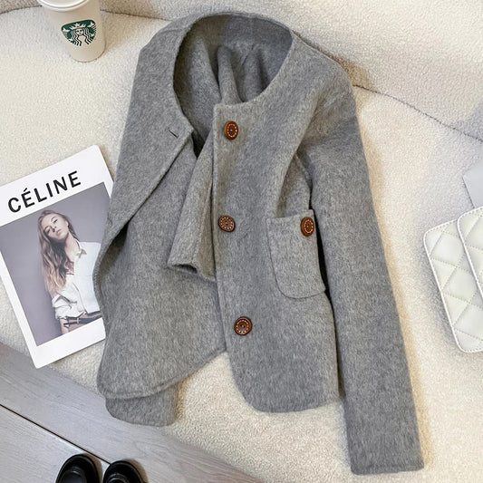 High-grade grey short double-faced cashmere coat for women 2025 autumn and winter new small Korean woolen coat