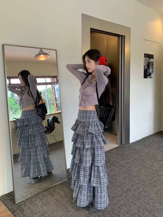 kumikumi suit women's retro heavy industry plaid cake skirt skirt spring V-neck slim T-shirt two-piece set