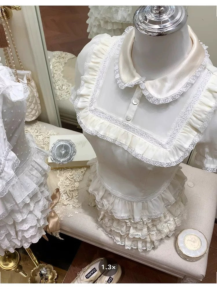 Little ballet rules, French girls' preference, multi-color baby collar, lace waist slim fit top